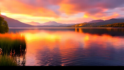 Obraz premium Nature, Sun, Lake, Water, sunrise, Sunset, Scenery, asthetic over the lake, sunset over the lake, HD wallpaper, HD background, wallpaper, AI generated