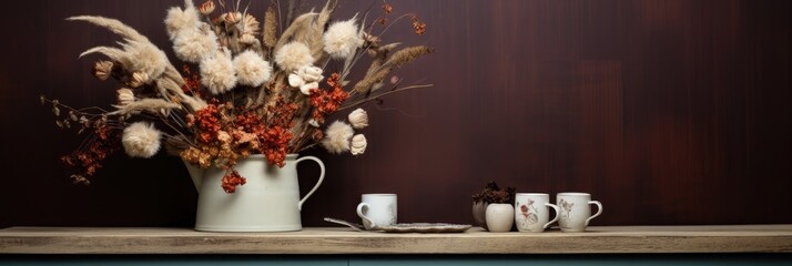 Note pad- mug and arrangement of dried flowers on small cabinet