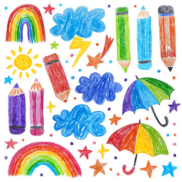 Doodle drawing by hand with colored pencils. Drawings with crayon. Colored pencils, umbrellas, weather, clouds, sun, stars, raibow. Colorful hand drawn elements.