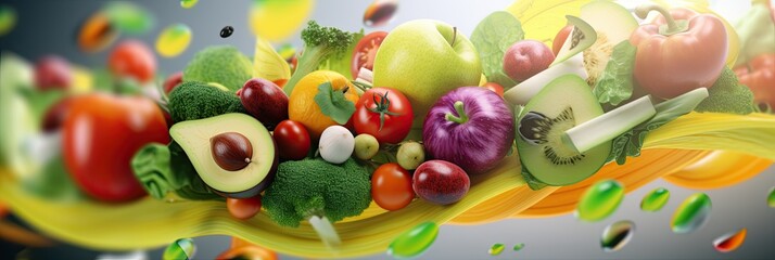 Fototapeta na wymiar Multicolored, juicy vegetables and fruits on a table, healthy and wholesome food, abstract, Healthy Food Concept, Generative AI