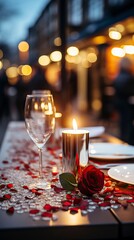 Fototapeta na wymiar A candlelit dinner table with red roses white tablecloths, valentine’s Day, Valentines Date 