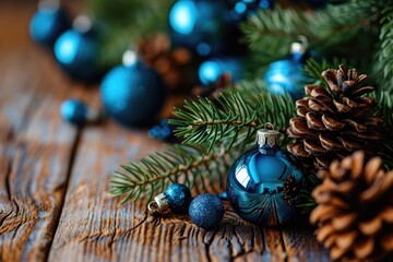 Christmas Background with Blue Baubles and Pine Cones