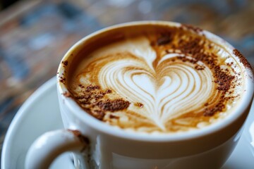 Close up of a frothy cappuccino with a heart-shaped design.