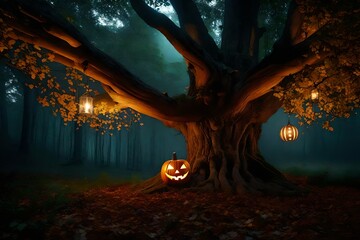 Imagine a dialogue between the enchanted tree trunk and a curious passerby on Halloween night - obrazy, fototapety, plakaty