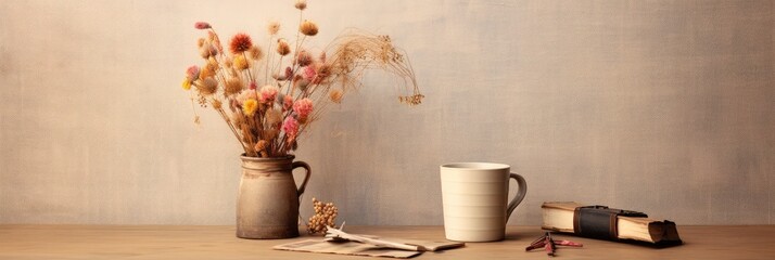 Note pad- mug and arrangement of dried flowers on small cabinet