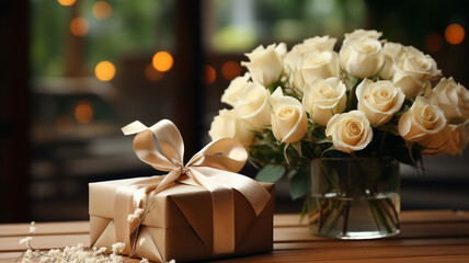 Obraz premium gift box and white roses