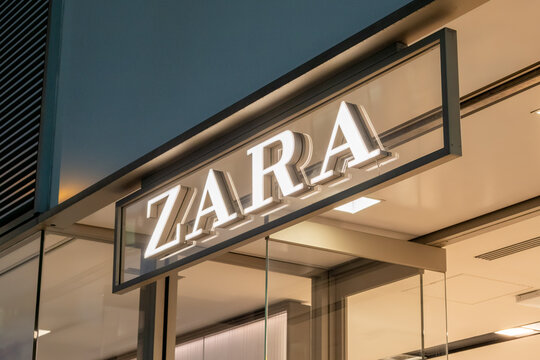 Store sign with ZARA logo. ZARA is one of the world's leading apparel companies, part of the Inditex Group, one of the world's largest apparel distribution groups.