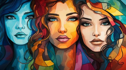Fototapeta premium Three Digital Art Faces portraying Women Diversity. Generative AI