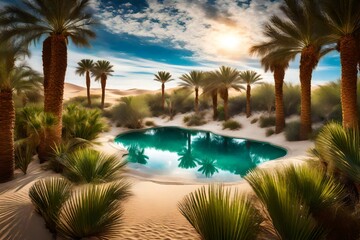 Fototapeta na wymiar secluded desert oasis framed by towering sand dunes, where emerald-green palm trees provide shade beside a shimmering pool of clear water.