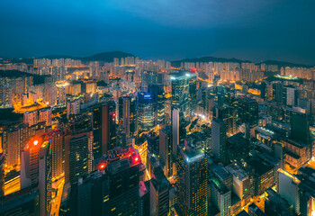 Hong Kong cityscape in magic hour from aerial view
