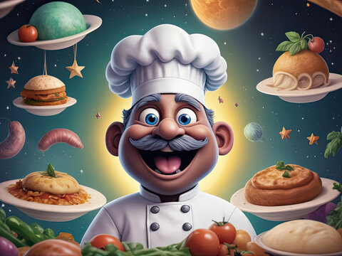 Whimsical Chef - A joyful culinary spirit and mischief portrayed in a whimsical high-quality 8k close-up portrait illustration with celestial and cosmic motifs Gen AI