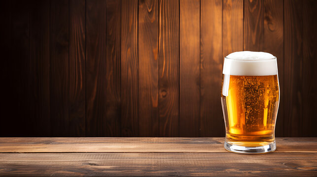 A glass of beer on wooden background with copy space, generative ai