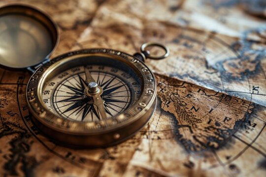 Close up of an old compass on a map.