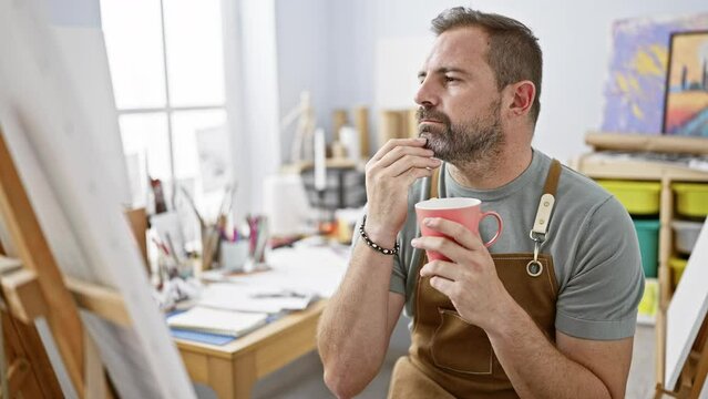 Mature bearded man in apron holding a coffee cup pensively in a bright art studio