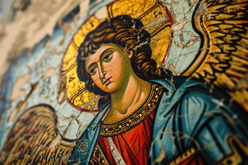 Close-up of a colorful religious icon depicting Saint Michael, focusing on the intricate details and symbolic colors.