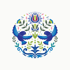 Scandianvian traditional folk art ornament vector design with flowers and birds
