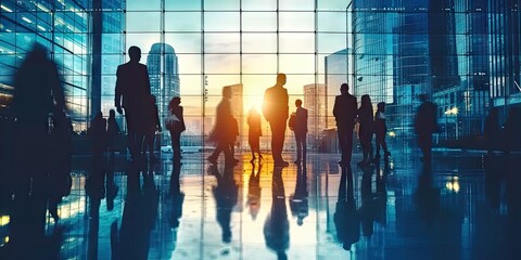 Silhouetted corporate connection. Diverse group of business professionals in city airport discussing and planning against backdrop of sunset. Urban dynamics. Team of walking through airport terminal