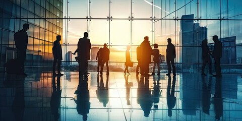 Silhouetted corporate connection. Diverse group of business professionals in city airport discussing and planning against backdrop of sunset. Urban dynamics. Team of walking through airport terminal