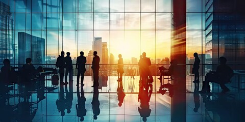 Obraz premium Silhouetted corporate connection. Diverse group of business professionals in city airport discussing and planning against backdrop of sunset. Urban dynamics. Team of walking through airport terminal