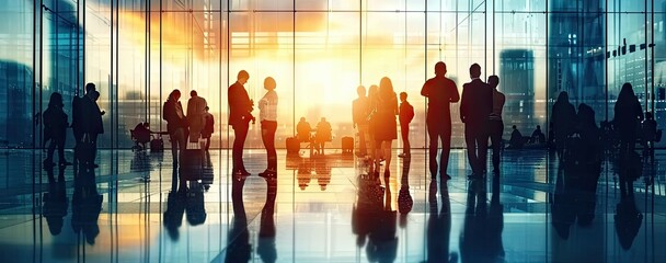 Silhouetted corporate connection. Diverse group of business professionals in city airport discussing and planning against backdrop of sunset. Urban dynamics. Team of walking through airport terminal - Powered by Adobe