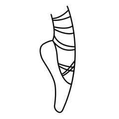 A foot in pointe shoes, feet wearing pointe shoes, 
dancing shoes or slippers in en pointe position flat vector icon, 
ballet dance studio symbol, linear icon of pointe shoes.