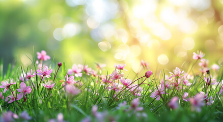 Spring glade in forest with flowering pink flowers in sunny day. Tranquil natural spring landscape with flowers. Blurred forest field background, soft focus.