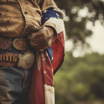 Closeup of a Texan cowboy hanging the Texas flag on his arm. 1800s American Wild West Clothing