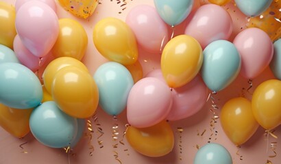 Pastel balloons and confetti on yellow background. 3d rendering, Birthday party from AI Generative