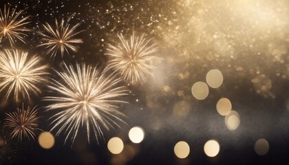 Abstract festive dark and gold background with fireworks, stars and bokeh. Holidays celebrations.
