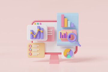 Dashboard and Business report chart with Data analytics and target about project management on pc. Optimization statistics, financial research report, SEO optimization. 3d icon render illustration