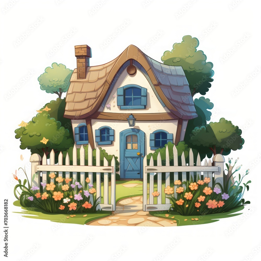 Aufkleber generative ai a charming fairytale cottage with a thatched roof and a white picket fence.
