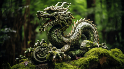 Chinese dragon sculpture in middle of green forest representing 2024 chinese new year sign the wood dragon - obrazy, fototapety, plakaty