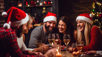 Happy group of friends wearing Santa Claus hat having Christmas dinner party , smiling group of people celebrating new year together