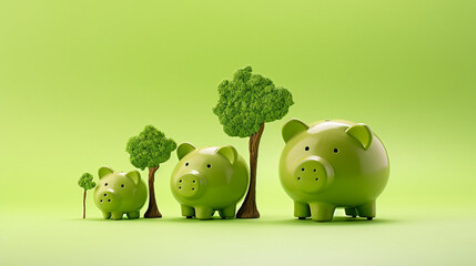 Environmental investment and eco savings success concept with green piggy banks with growth of plant on green background