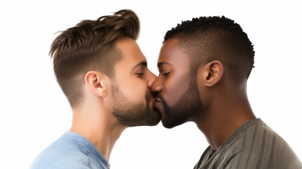 Handsome homosexual gay couple kissing , two men same gender love , close to each other side view...