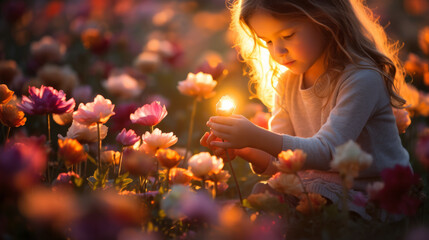 Young kid girl holding a small lantern in middle of a beautiful spring flowers field at dusk