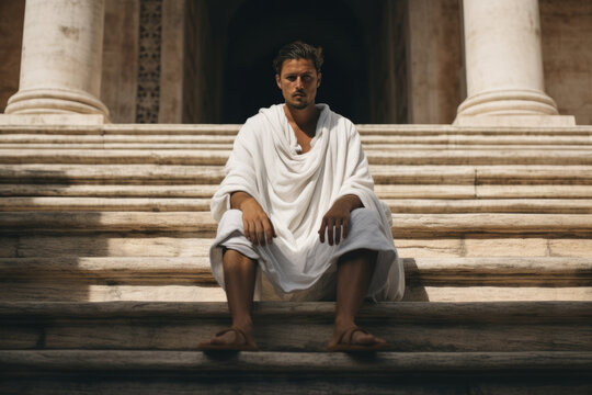 Man wearing a toga sitting on stairs on an ancient Roman temple