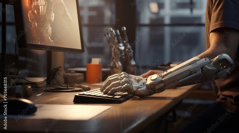 Poster Generative AI A dedicated worker in an office environment typing on a computer, showcasing seamless integration and productivity with a prosthetic hand