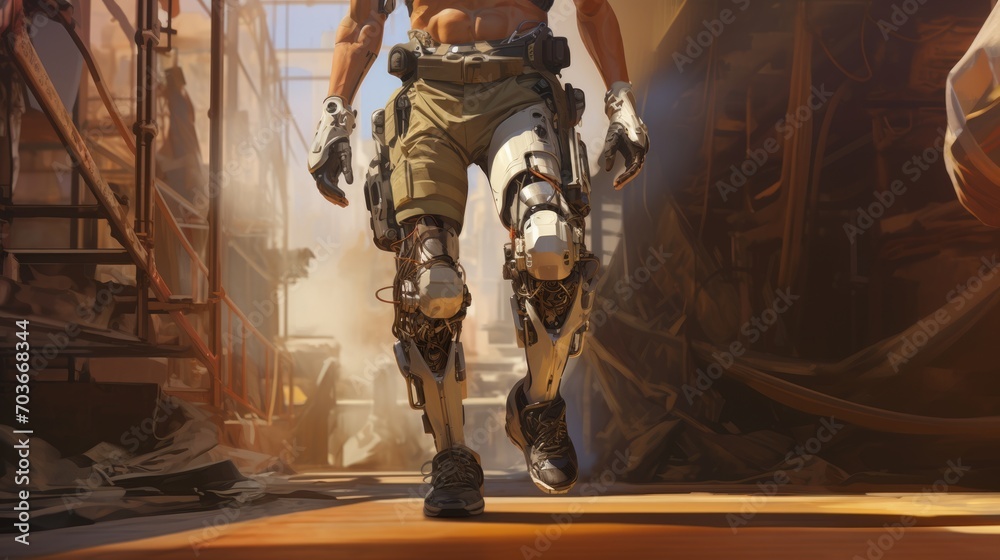 Poster generative ai a detailed illustration of a person wearing a bionic exoskeleton, emphasizing enhanced