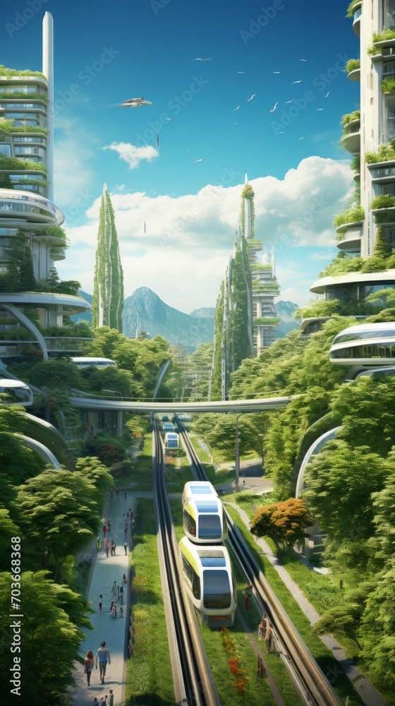 Aufkleber generative ai a digitally enhanced urban landscape with towering eco-friendly structures, integrated