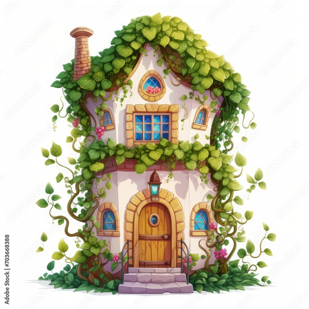 Poster generative ai a fairytale-like house with climbing vines and a colorful, cheerful facade.