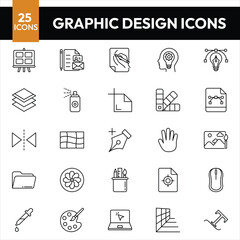 Design Tools Vector Thin Line Icons Set. Graphic Design Tools, Painting, Sketching Accessories Linear Pictograms. Drawing Equipment, Brushes, Pencils, Image Editing Instruments Contour Illustrations