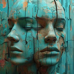 
Two faces emerge from the wooden wall. Crazy portrait depicting schizoid personality disorder, split personality. Concept about mental health. 