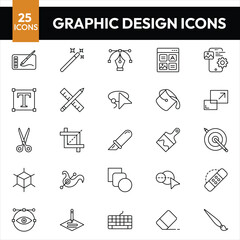 Design Tools Vector Thin Line Icons Set. Graphic Design Tools, Painting, Sketching Accessories Linear Pictograms. Drawing Equipment, Brushes, Pencils, Image Editing Instruments Contour Illustrations