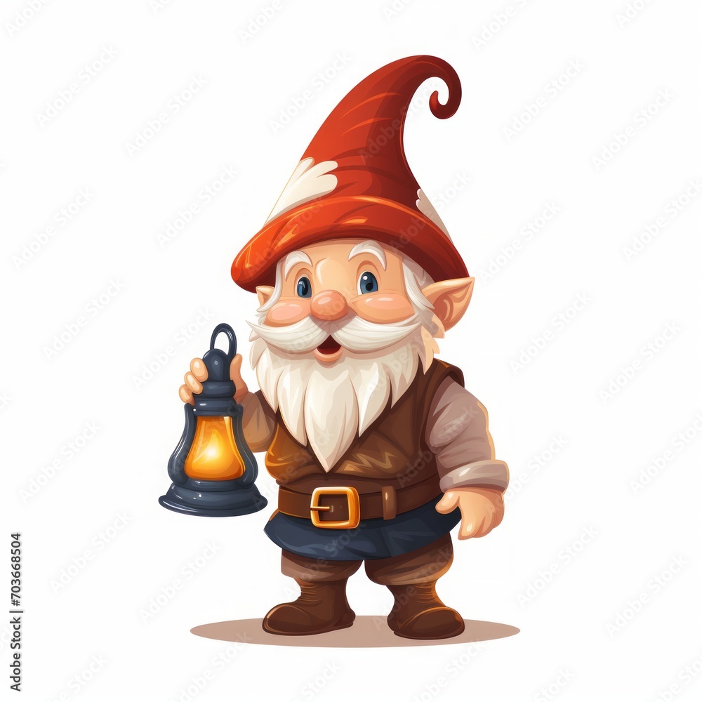 Aufkleber Generative AI A lovable gnome wearing a pointed hat and holding a lantern, exploring inquisitively.