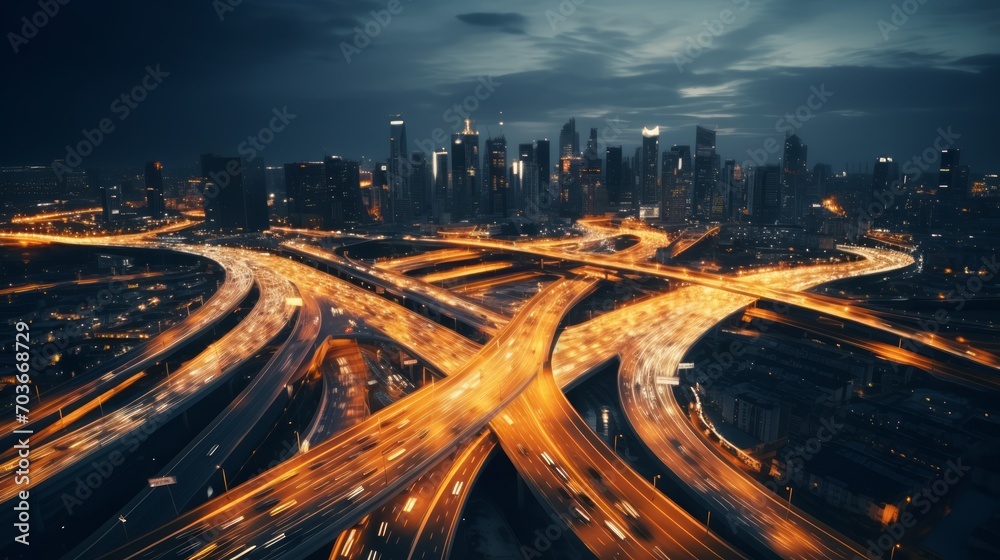 Poster Generative AI A panoramic view of a large highway junction at night, capturing the glow of city lights and traffic streams.