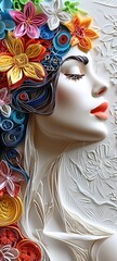 Paper quilling kirigami, 3D, close-up portrait of a woman with flowers and colors swirling around her, taken from the neck up. Paper art craft