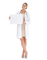 Doctor, studio or happy woman in portrait for poster, advertising or healthcare info on board. White background, smile or medical professional with medicine announcement ads, paper or mockup space
