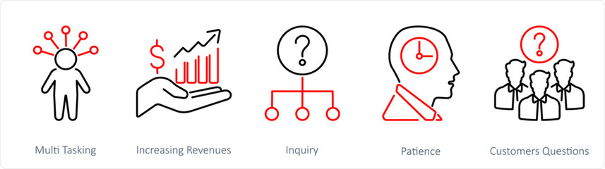 A set of 5 customer service icons as multi tasking, increasing revenues, inquiry - obrazy, fototapety, plakaty