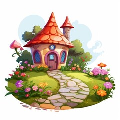 Generative AI A picturesque small house with a colorful flower bed and a winding stone pathway.
